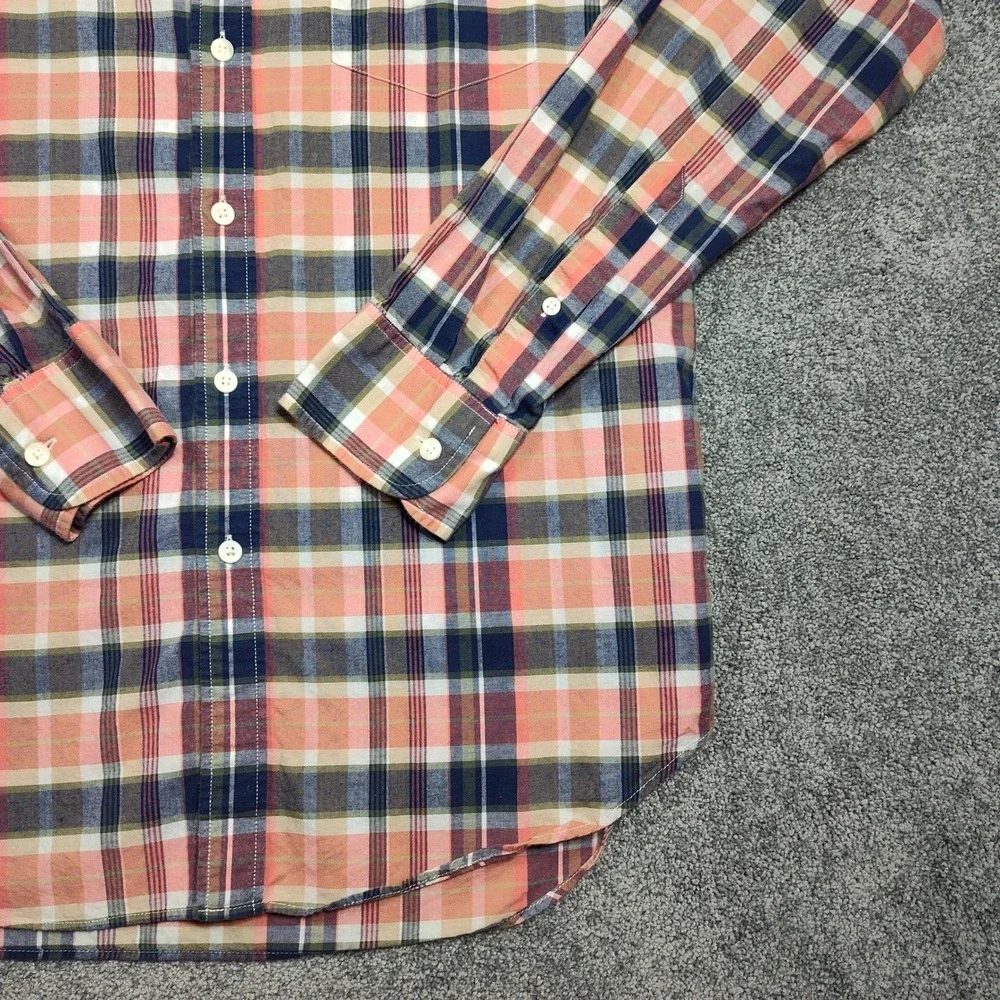 J Crew Mens Summer Plaid Button Down Long Sleeve Shirt Size M Peach Navy Cotton